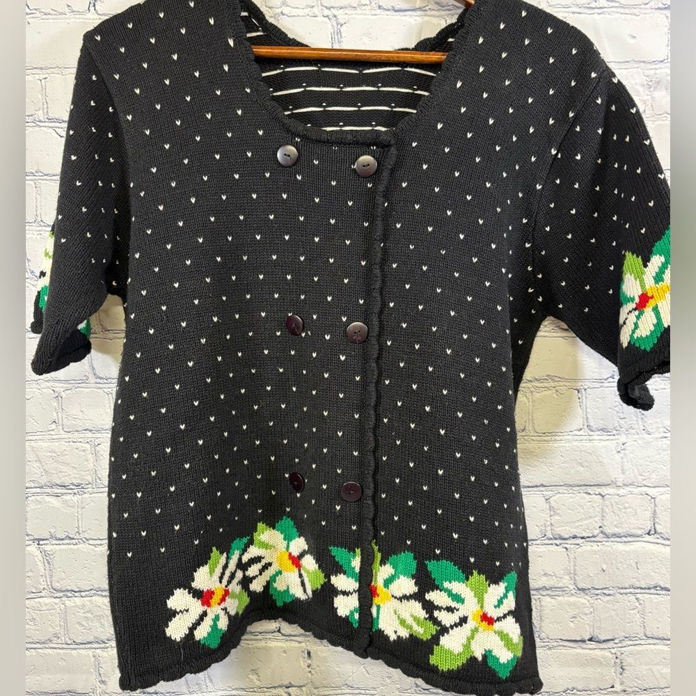 VINTAGE Susan Bristol 1991 Black Floral Cotton Knit Retro Short Sleeve Sweater M